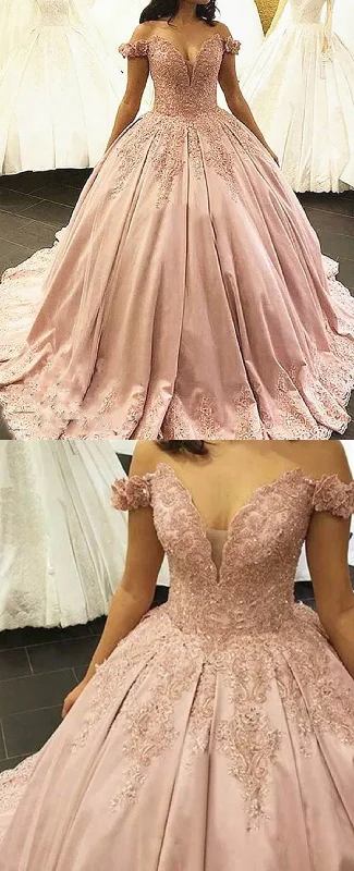Custom DressPrincess Off the Shoulder Satin and Lace Pink Ball gown Wedding Dress Bride Gown Novias WD11121