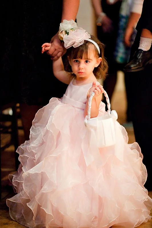 Bell-Sleeve DressOrganza Ruffles Satin Pink Flower Girl Dress Ball Gown