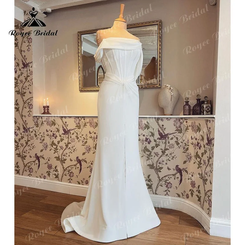 Casual Chic DressRoycebridal robe mariée sirene Simple Satin Wedding Dress Off the Shoulder Split Pleats Mermaid/Trumpet Wedding Reception Dress for Bride