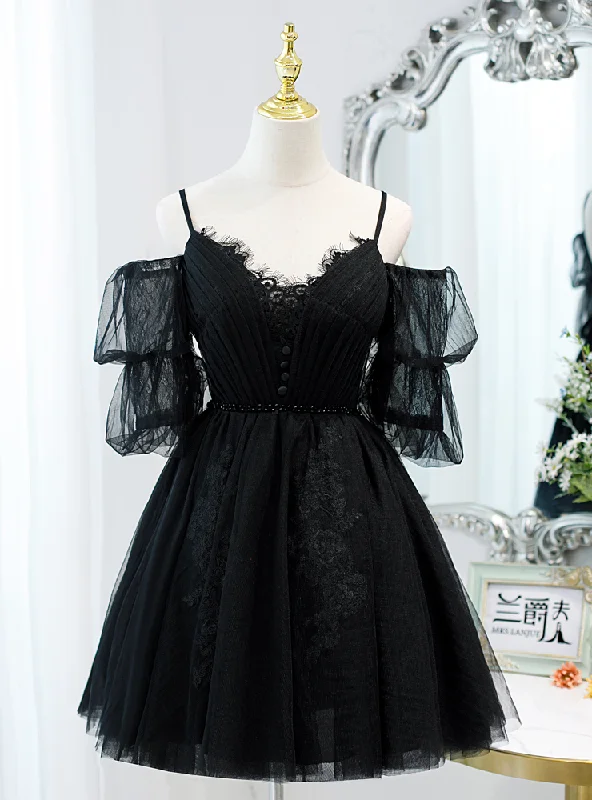 women's empire waist dressesBlack Tulle Lace Spaghetti Straps Pleats Homecoming Dress