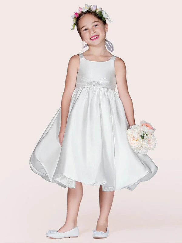 women's trendy dressesWhite Satin Fabric Jewel Neck Sleeveless Beaded Formal Kids Pageant flower girl dresses