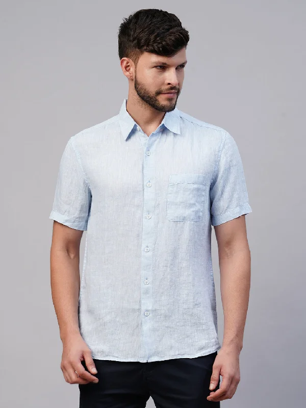 Men's Travel Shirts for Easy PackingMen's 100% Linen Sky Blue Regular Fit Short Sleeved Shirt Men's Travel Shirts for Easy PackingMen's 100% Linen Sky Blue Regular Fit Short Sleeved Shirt