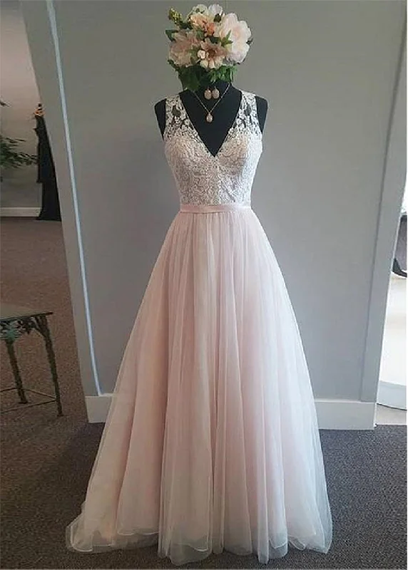 women's mother of the bride dressesRomantic Pale Pink Ivory Lace and Tulle Formal Dress for Women  V Neck Receptaion Wedding Gown WD10914