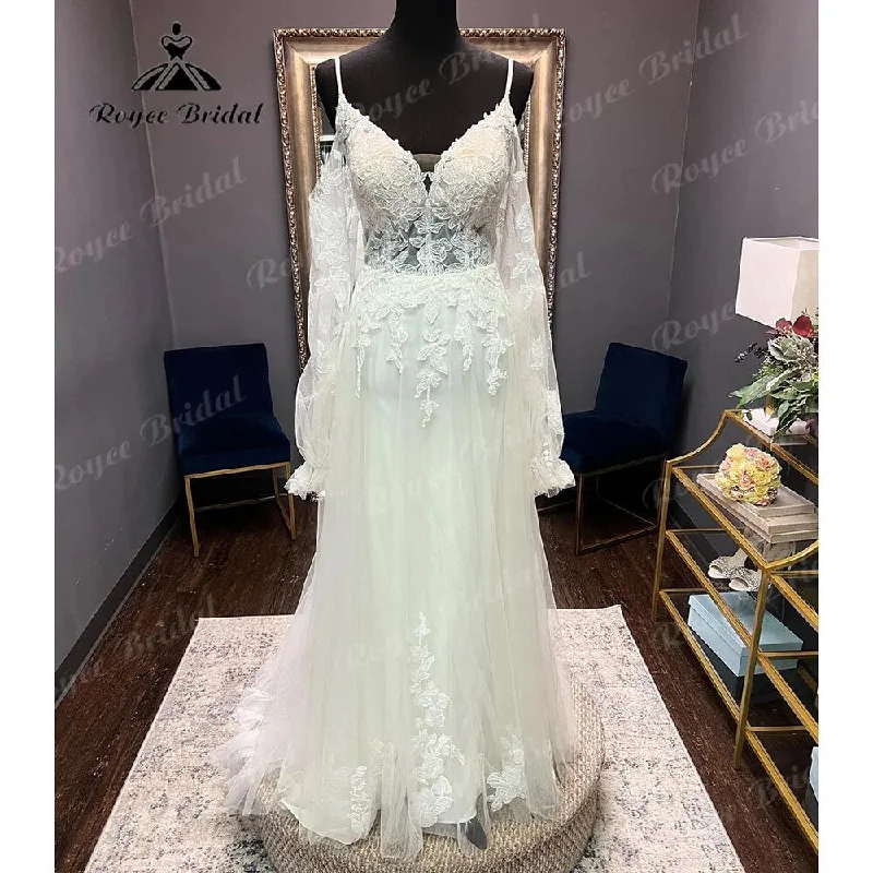 women's fashionable dressesRobe Civil Long Sleeve Lace V Neck Open Back Off Shoulder Wedding Dress 2024 Elegant Bridal Gown robe de mariée Roycebridal