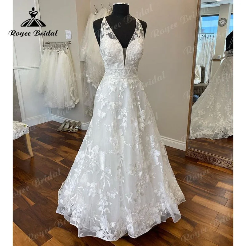 Plus-Size DressRoycebridal Vintage V Neck Lace Wedding Dress Backless Sweep Train 2025 Boho Sleeveless Elegant Bridal Beach Wedding Gown Vestidos Novias