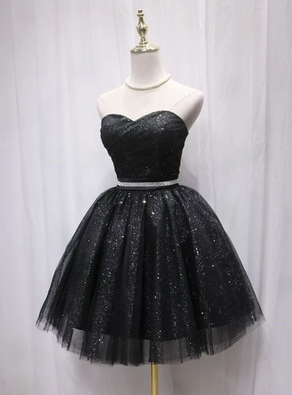 women's neon dressesBlack Tulle Sequins Sweetheart Pleats Homecoming Dress