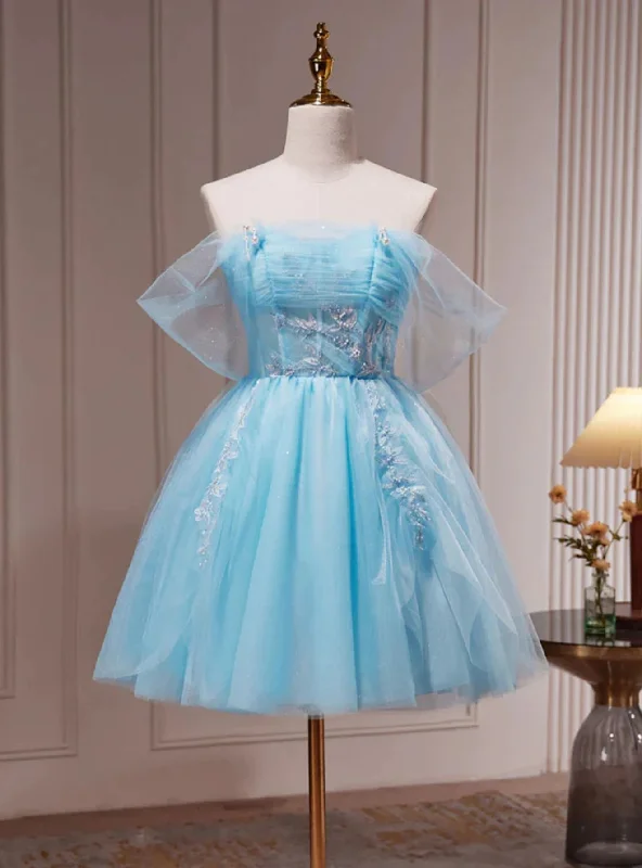 Floor-Length DressBlue Tulle Off the Shoulder Pleats Homecoming Dress