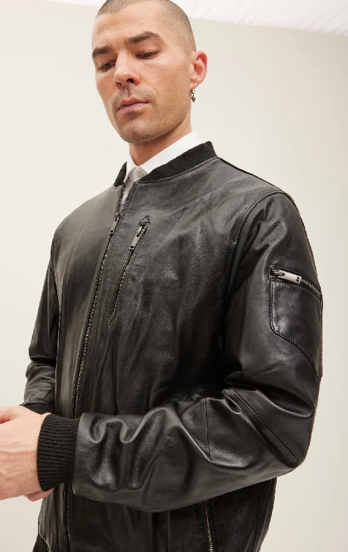 Leather Bomber Jacket - Black