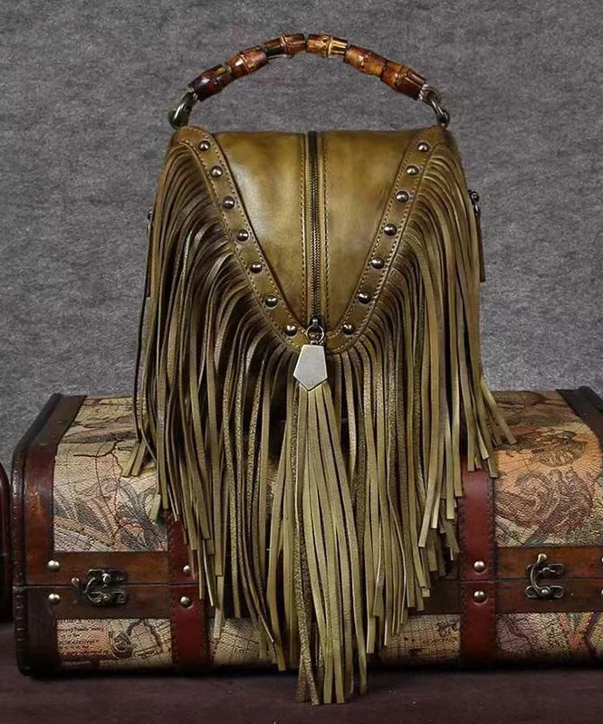 Retro Coffee Cowhide Tassel Rivet Shoulder Bag